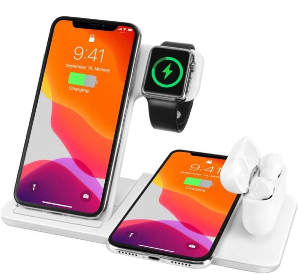 Chargeur Sans Fil 4-en-1 15W Fdgao – Station de Charge Rapide Qi pour Smartphone, Apple Watch et AirPods avec Double Bobine