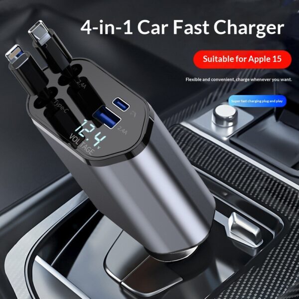 Chargeur Voiture 4-en-1 Ultra Rapide 120W QC3.0 – Charge Allume-Cigare avec Double Type-C et Câble Rétractable en Aluminium