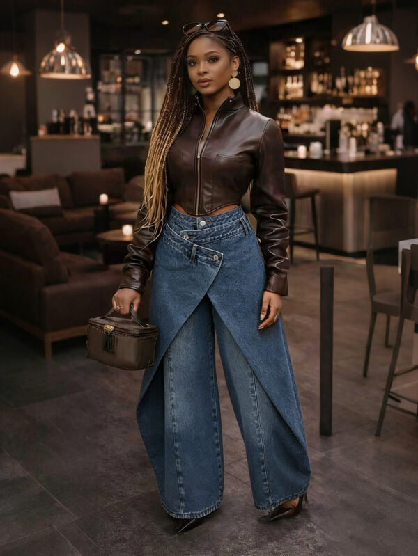 Pantalon Femme Taille Haute Croisé Boucle Métal – Coupe Large Irrégulière | Style Rétro Élégant